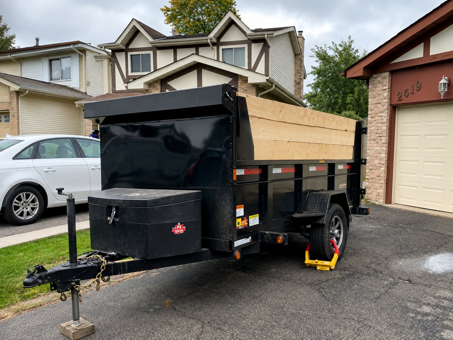 V Rentals 5x10 dump trailer in a North York driveway with the black lockable tongue box at the front that holds the hitch mount and 2-5/16 inch ball