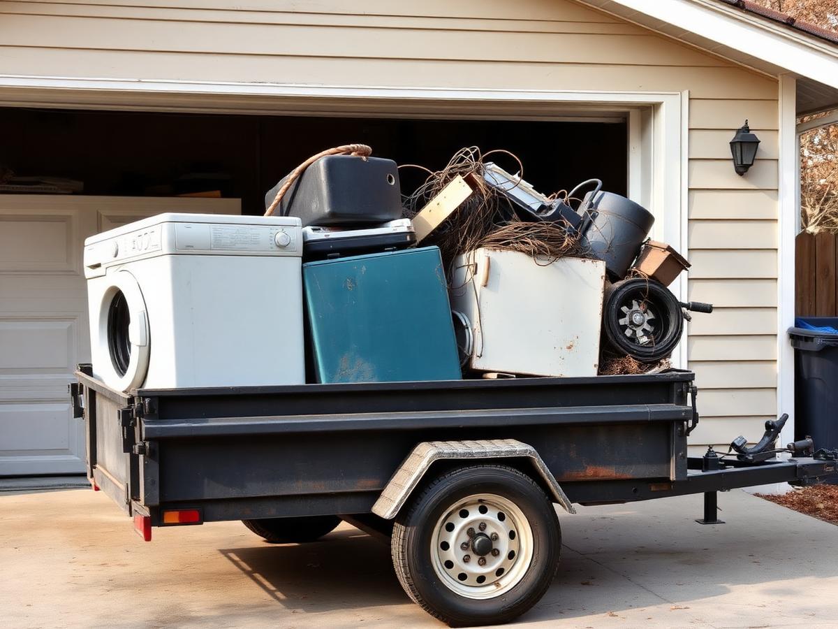 Old appliances and scrap metal loaded in a dump trailer during a garage cleanout