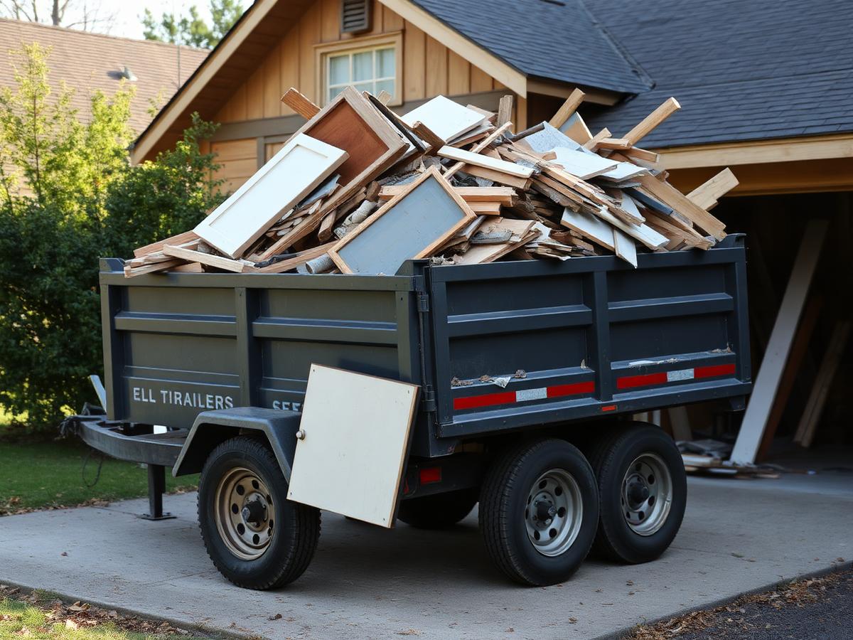 Dump trailer loaded with drywall, cabinets and lumber outside a home renovation