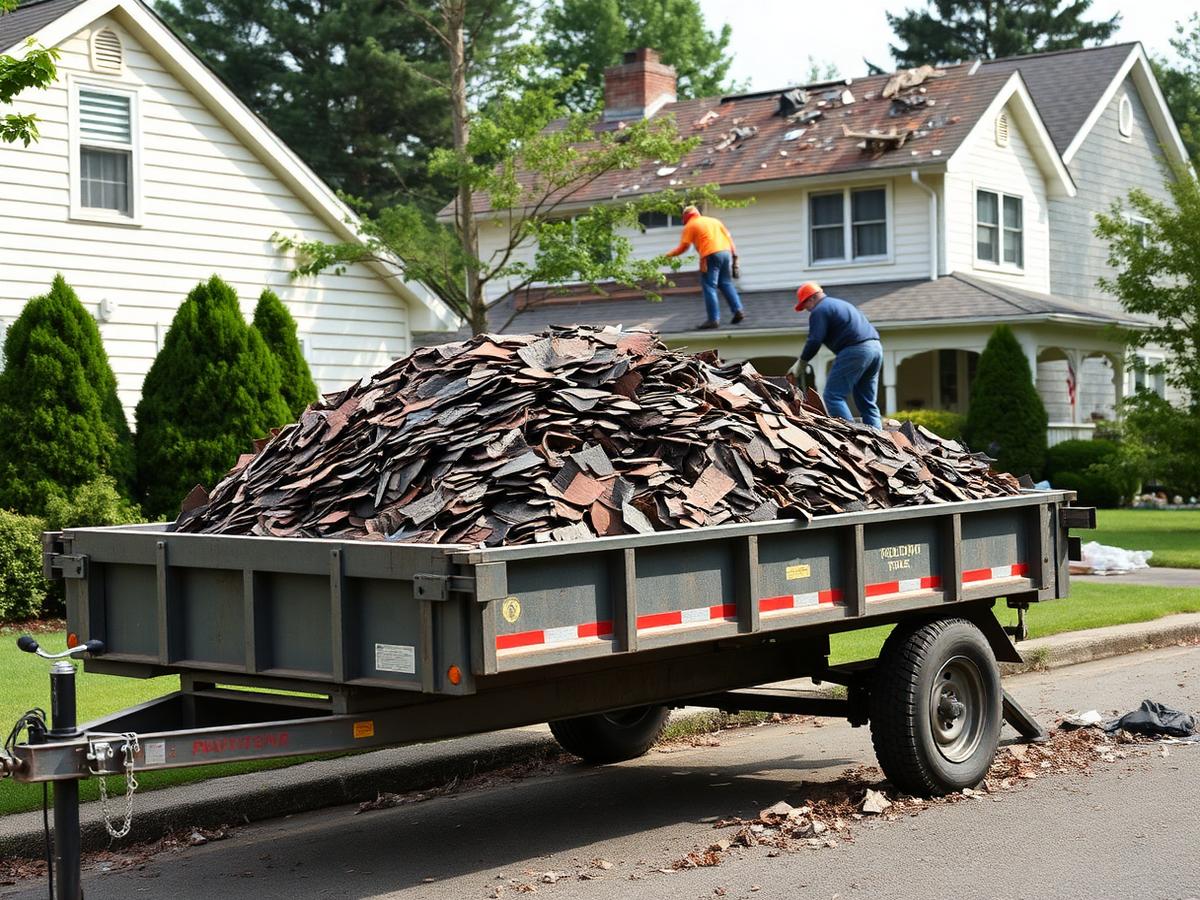 Dump trailer filled with roofing shingle tear-off while roofers work above